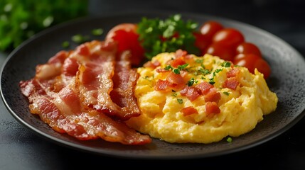 Realistic image of traditional big breakfast with bacon and eggs