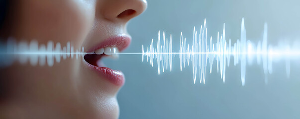 Voice authentication and security concept, woman mouth with clear sound waves indicating voice verification