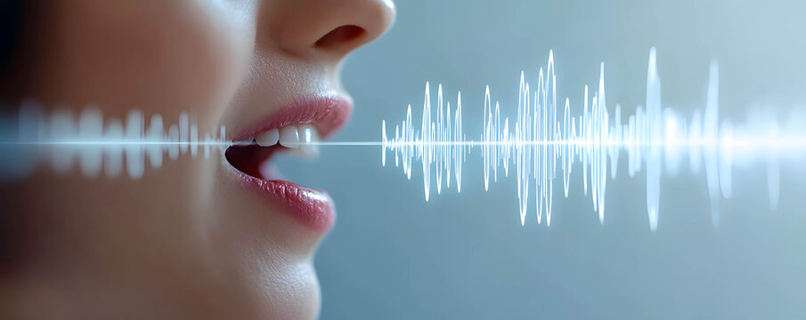 Voice authentication and security concept, woman mouth with clear sound waves indicating voice verification