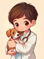 A young boy in a doctor's coat holds a puppy, showcasing a caring and friendly atmosphere.