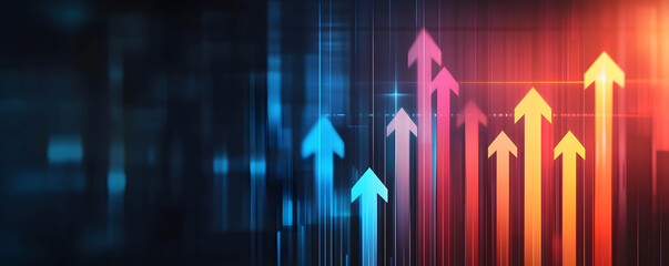 A rising bar chart with arrows pointing upward, showing the company revenue growth or business growth and return on investment