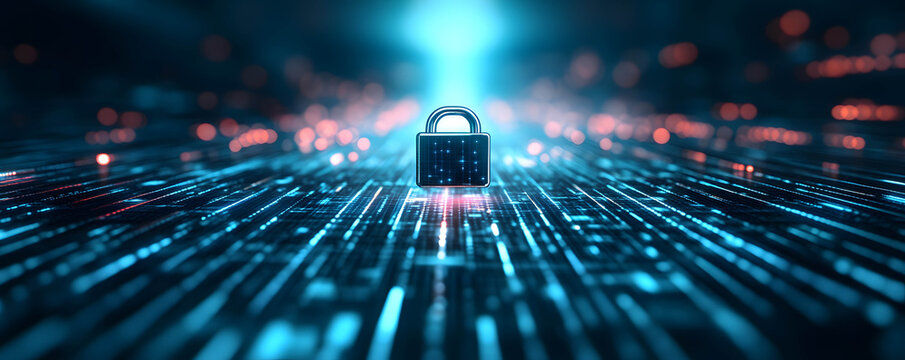 safety of information and data in online or social concept, padlock on high-speed data transfer with light trails
