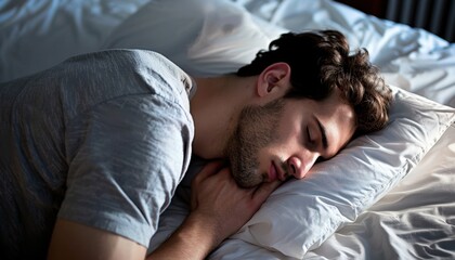Young man peacefully sleeping on a pillow in a cozy bedroom during the early morning