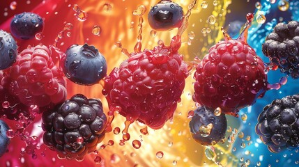 Fresh berries splashing in vibrant water on a colorful background