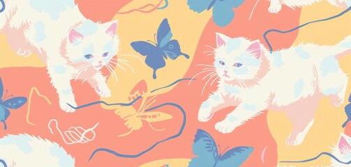 Fototapeta premium Kittens explore their surroundings, playing with butterflies and colorful threads on a bright backdrop