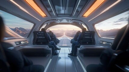 Futuristic train interior showcasing passengers traveling through a scenic landscape at dawn