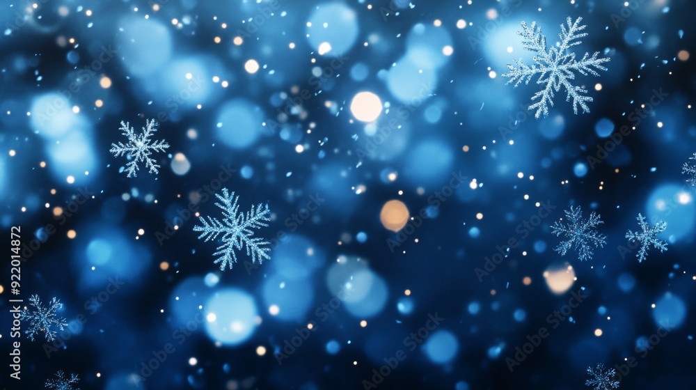 Poster snowflakes falling on a blue background with bokeh effect