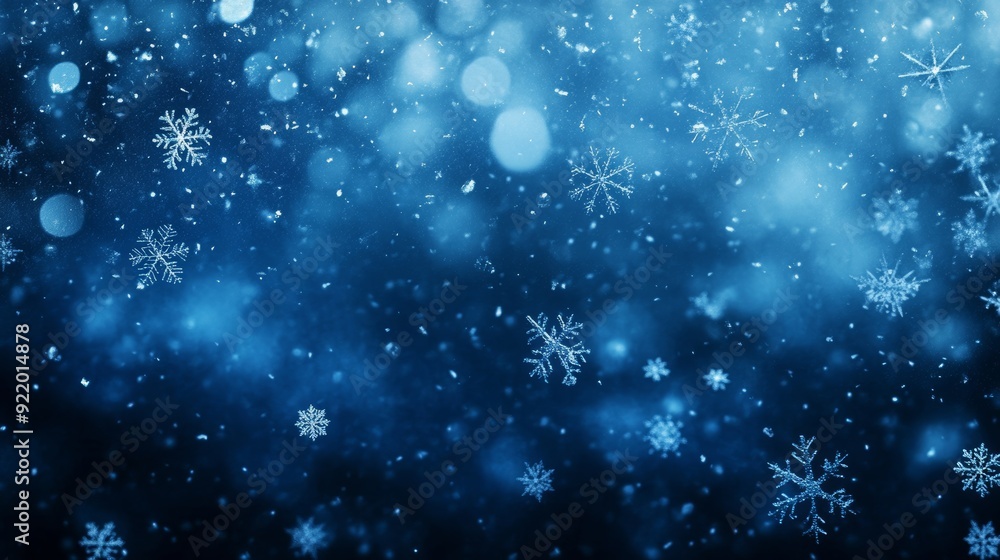 Poster snowflakes falling over dark blue background with bokeh effect