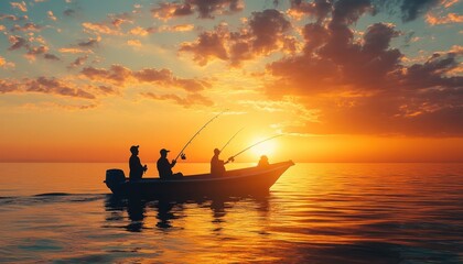 Fishing at sunset on a calm lake with silhouetted anglers in a small boat