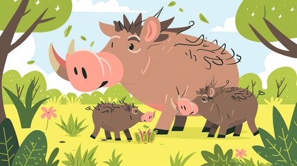Create a illustration of a Warthogs foraging for foodin a kawaii style, simplified to feature fewer elements for a cleaner look, Use a color palette that is appealing to children, with bright a