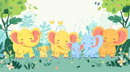 Create a illustration of a Elephant herd with calvesin a kawaii style, simplified to feature fewer elements for a cleaner look, Use a color palette that is appealing to children, with bright an
