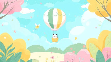 Create a illustration of a Hot air balloon safariin a kawaii style, simplified to feature fewer elements for a cleaner look, Use a color palette that is appealing to children, with bright and c