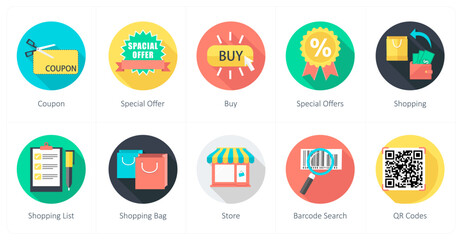A set of 10 shopping icons as coupon, special offer, buy