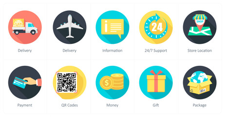 A set of 10 shopping icons as delivery, information, 24x7 support