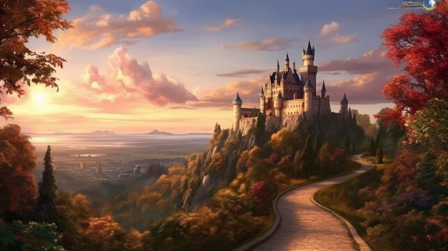 A majestic castle on a hill surrounded by colorful autumn trees and a scenic sunset.