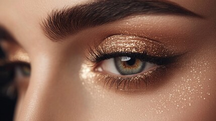 Obraz premium A close-up of a woman's eyes with intricate eye makeup, including shimmering eyeshadow, perfectly arched eyebrows, and voluminous lashes, capturing the intensity of her gaze.