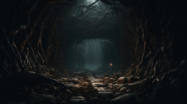 Mystical dar fantasy forest landscape with magic portal.