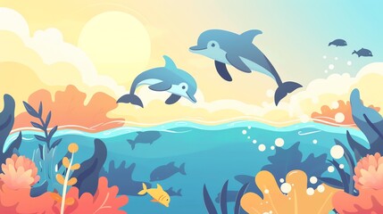 Create a illustration of a Dolphins jumping out of the waterin a kawaii style, simplified to feature fewer elements for a cleaner look, Use a color palette that is appealing to children, with b