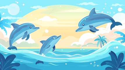 Obraz premium Create a illustration of a Dolphins jumping out of the waterin a kawaii style, simplified to feature fewer elements for a cleaner look, Use a color palette that is appealing to children, with b