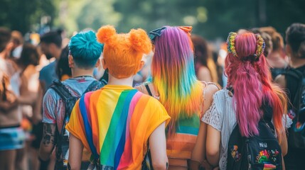 Fototapeta premium A vibrant group of people celebrating diversity at a festival with colorful hair and attire.