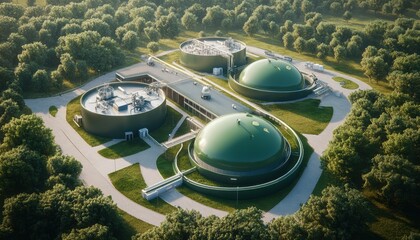 Modern biogas plant surrounded by greenery with storage tanks and processing facilities