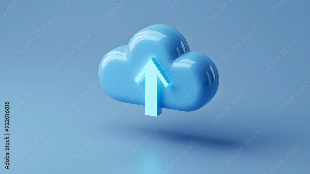 Poster 3d blue cloud with upward arrow symbol. concept of cloud computing, data upload, storage, and techno