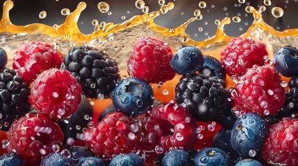 Fresh raspberries and blueberries splashing in water against a vibrant background