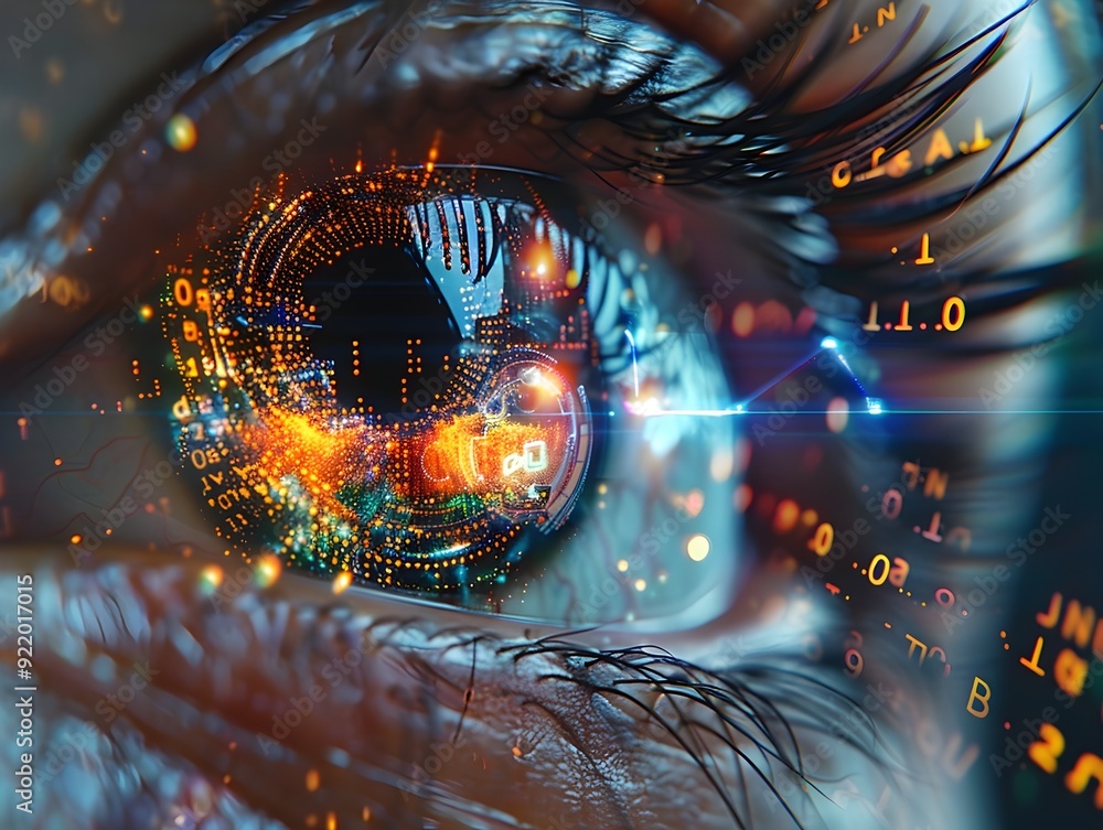 Poster futuristic eye with augmented reality interface displaying data overlays and holographic elements