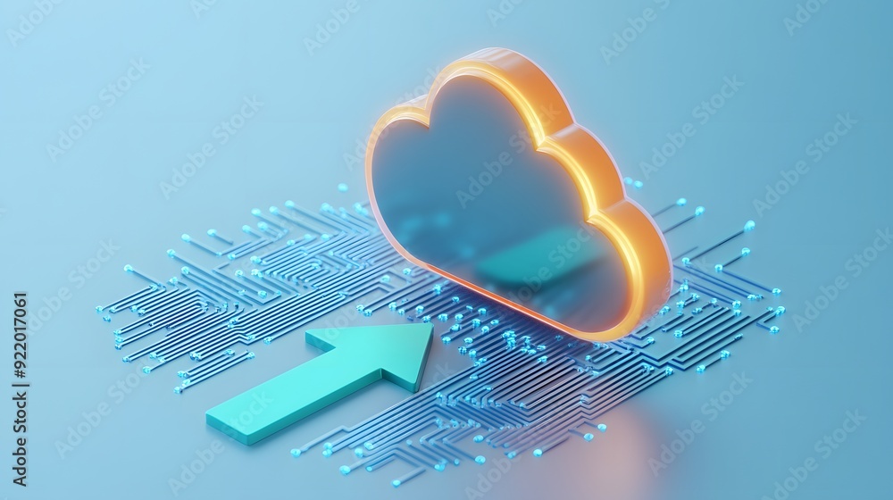 Aufkleber 3d cloud computing icon with arrow, digital circuit background, concept of cloud storage and data tr