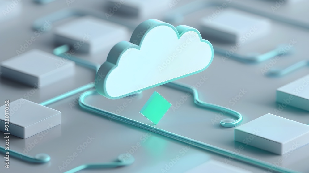 Poster 3d cloud computing concept with digital pathways and blocks, symbolizing data storage, technology, a