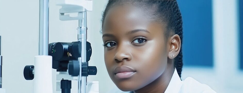 An attentive black woman undergoes a thorough eye examination in a modern clinic with advanced equipment and expert care