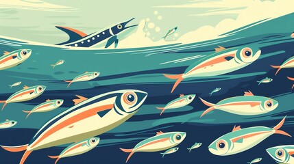 Create a illustration of a Sardine run with predatorsin a kawaii style, simplified to feature fewer elements for a cleaner look, Use a color palette that is appealing to children, with bright a