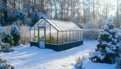 Snow-covered greenhouse surrounded by winter landscape with frosted trees in sunlight