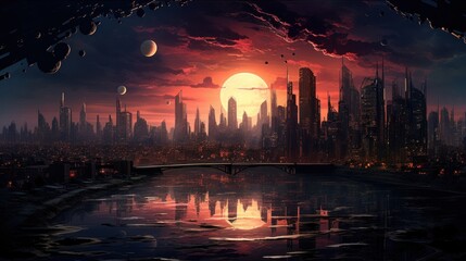 Modern city at sunset. Retrowave.