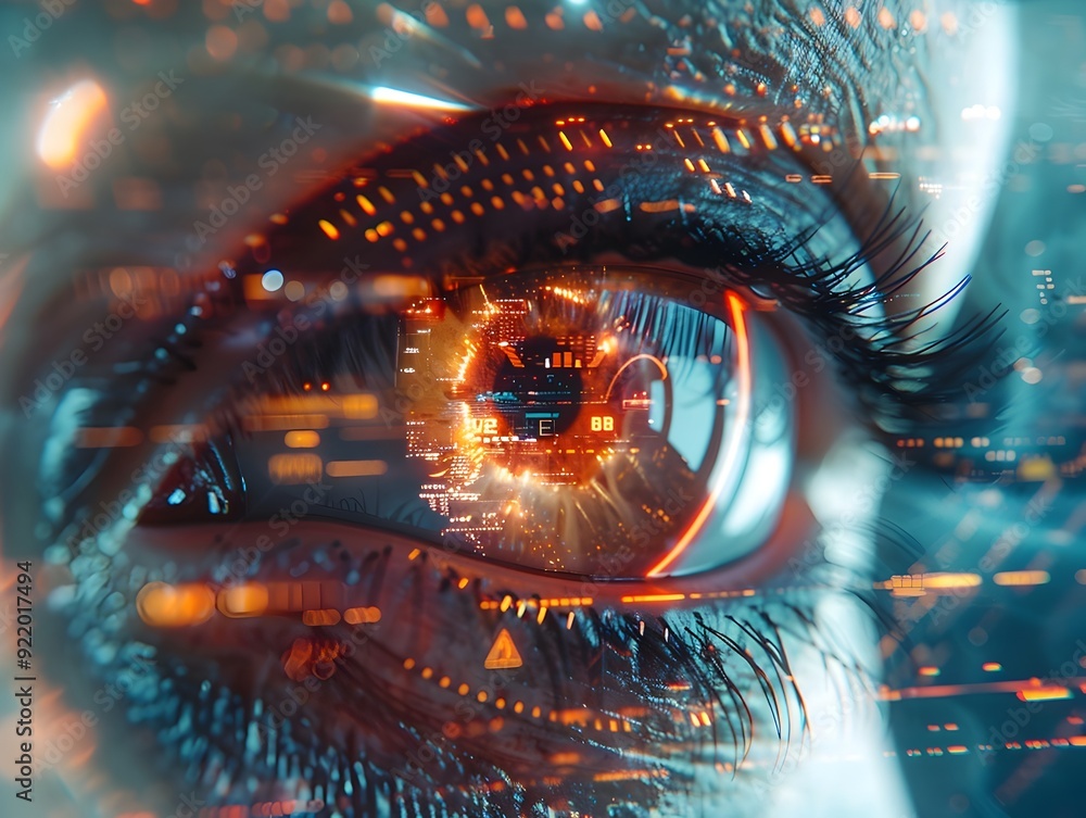 Poster futuristic hud interface displaying tactical information and holographic elements in closeup eye con