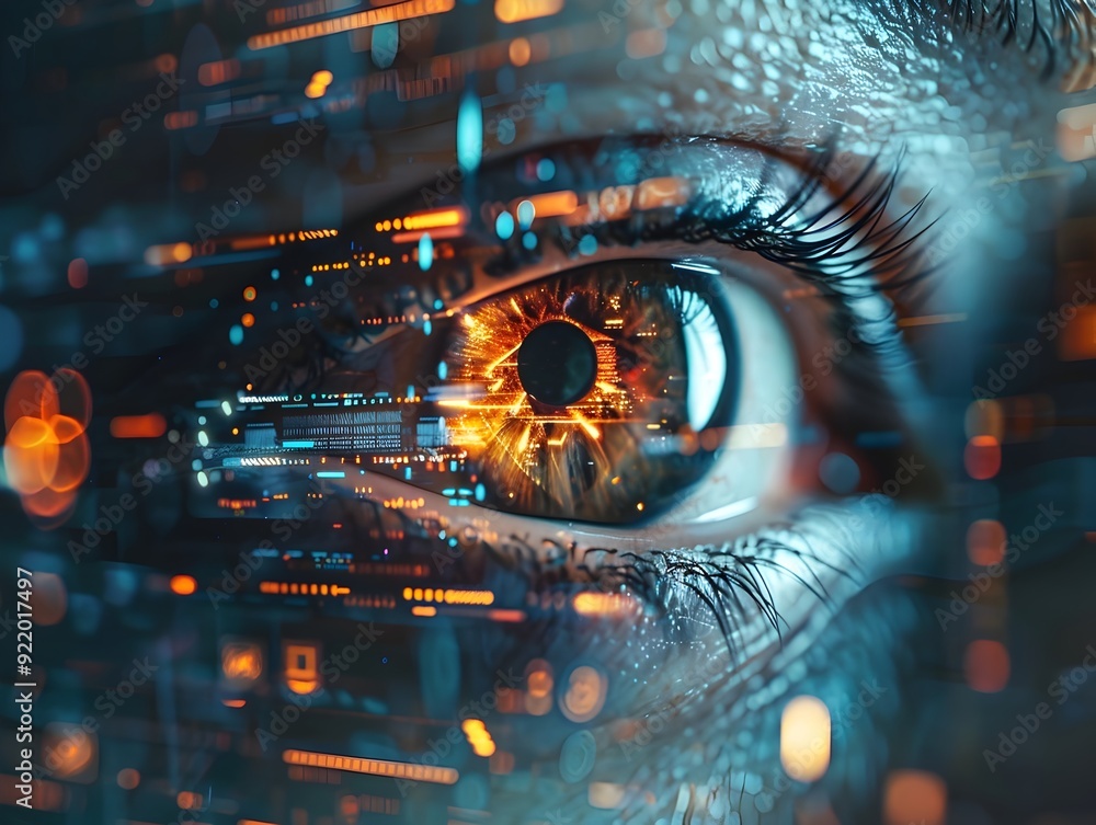 Poster futuristic eye with tactical hud interface displaying holographic data and elements