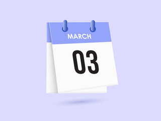 March 3 - calendar and Time planner. Daily Calendar Icon reminder. Vector Illustration.