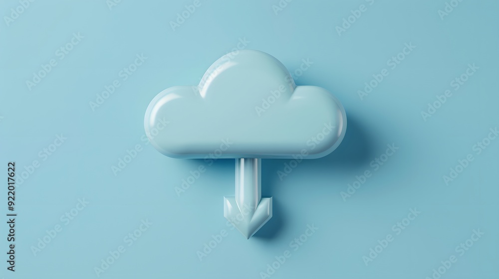 Poster 3d cloud icon with a downward arrow on a blue background, symbolizing cloud computing and data downl