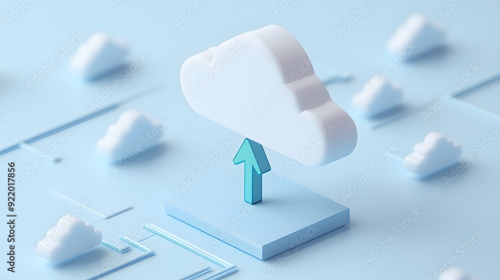Poster 3d cloud icon with an arrow pointing up, symbolizing cloud storage or cloud computing technology, on