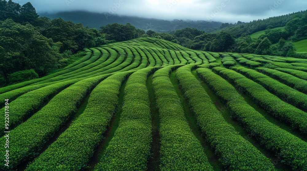 Poster a lush green field with rows of plants and trees