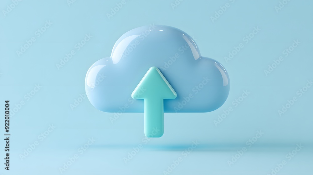 Poster 3d cloud icon with an arrow pointing up on a blue background representing cloud storage and data upl