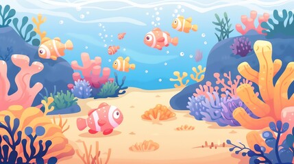 Create a illustration of a Coral restoration projectin a kawaii style, simplified to feature fewer elements for a cleaner look, Use a color palette that is appealing to children, with bright an