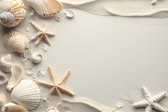 A background with seashells and starfish scattered around the edges.
