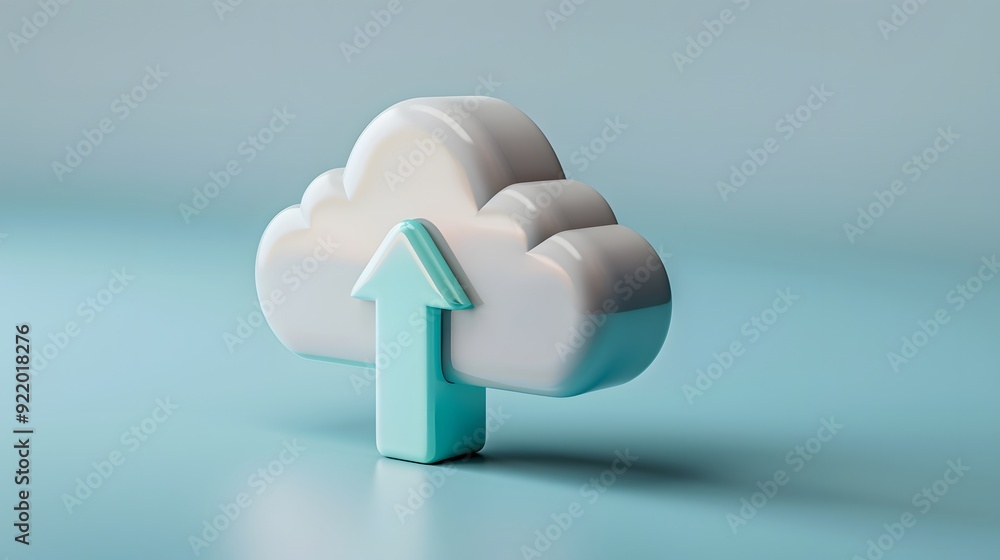 Poster 3d cloud icon with an upward arrow, symbolizing cloud storage and data upload on a light blue backgr