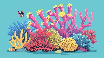Create a illustration of a Coral polyps building a reefin a kawaii style, simplified to feature fewer elements for a cleaner look, Use a color palette that is appealing to children, with bright