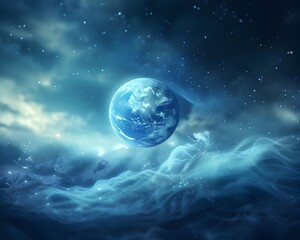 Obraz premium Surreal Floating Earth in Cosmic Ocean with Glowing Stars and Celestial Waves