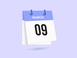 March 9 - calendar and Time planner. Daily Calendar Icon reminder. Vector Illustration.