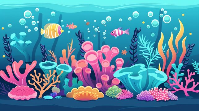 Create a illustration of a Coral polyps building a reefin a kawaii style, simplified to feature fewer elements for a cleaner look, Use a color palette that is appealing to children, with bright