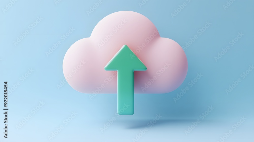 Aufkleber 3d cloud icon with an upward arrow on a blue background. symbolizes cloud computing, data upload, an