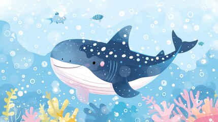 Fototapeta premium Create a illustration of a Whaleshark filter feedingin a kawaii style, simplified to feature fewer elements for a cleaner look, Use a color palette that is appealing to children, with bright a